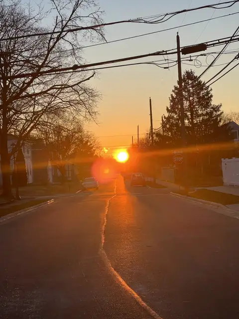 Golden hour glow painting the street with its warm embrace.