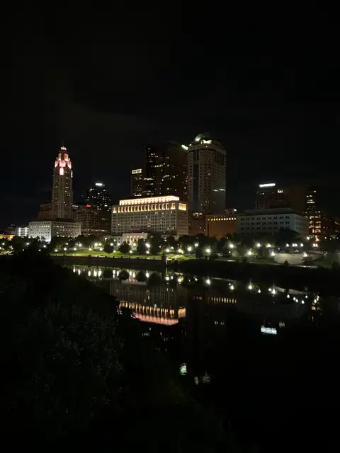 Skyline at night, perfectly mirrored in the river below.