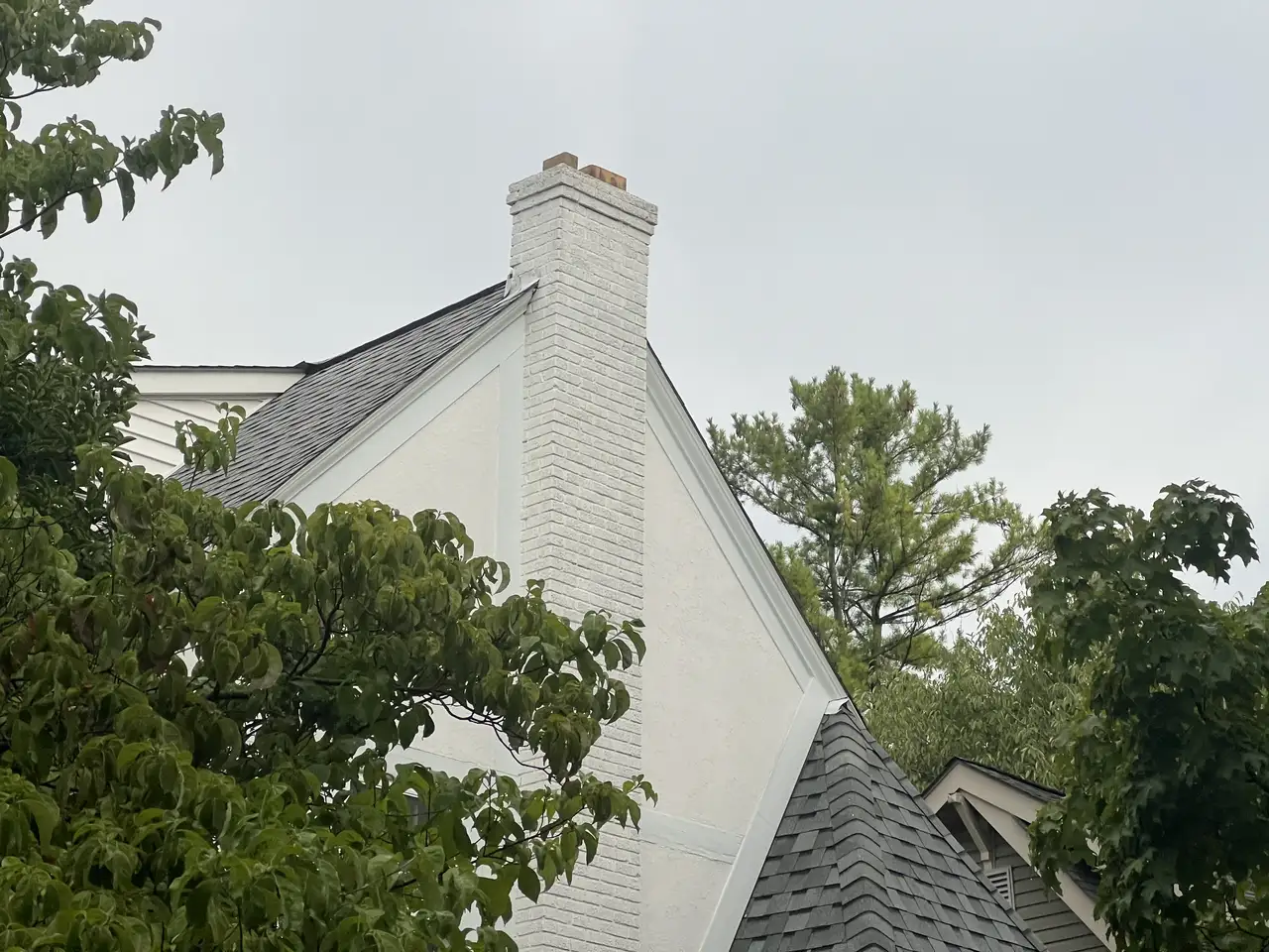 Green leaves and a sturdy chimney under a soft sky.