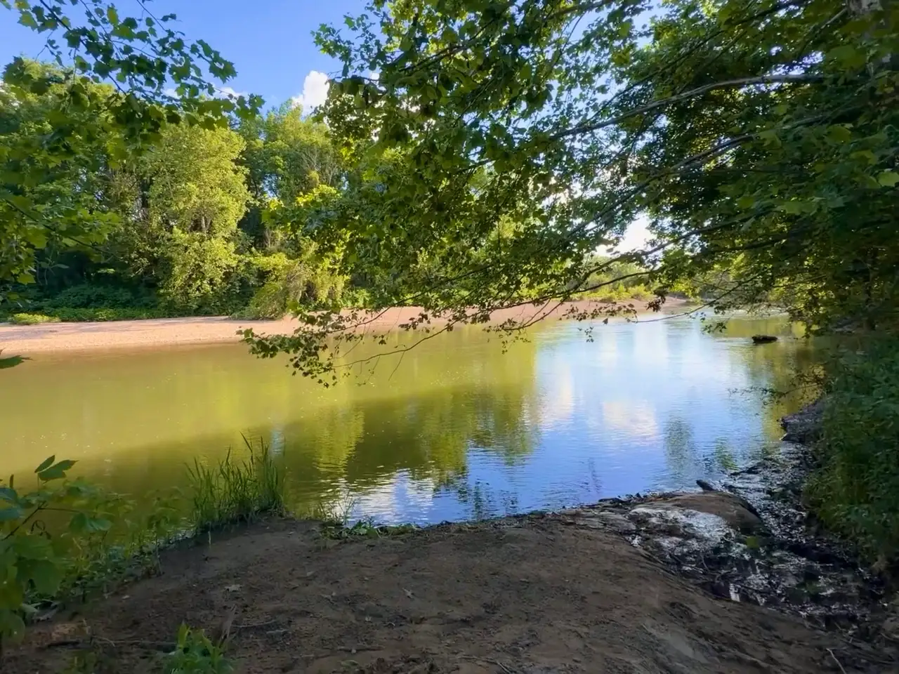 Serene reflections on a lazy river day. Still Frame