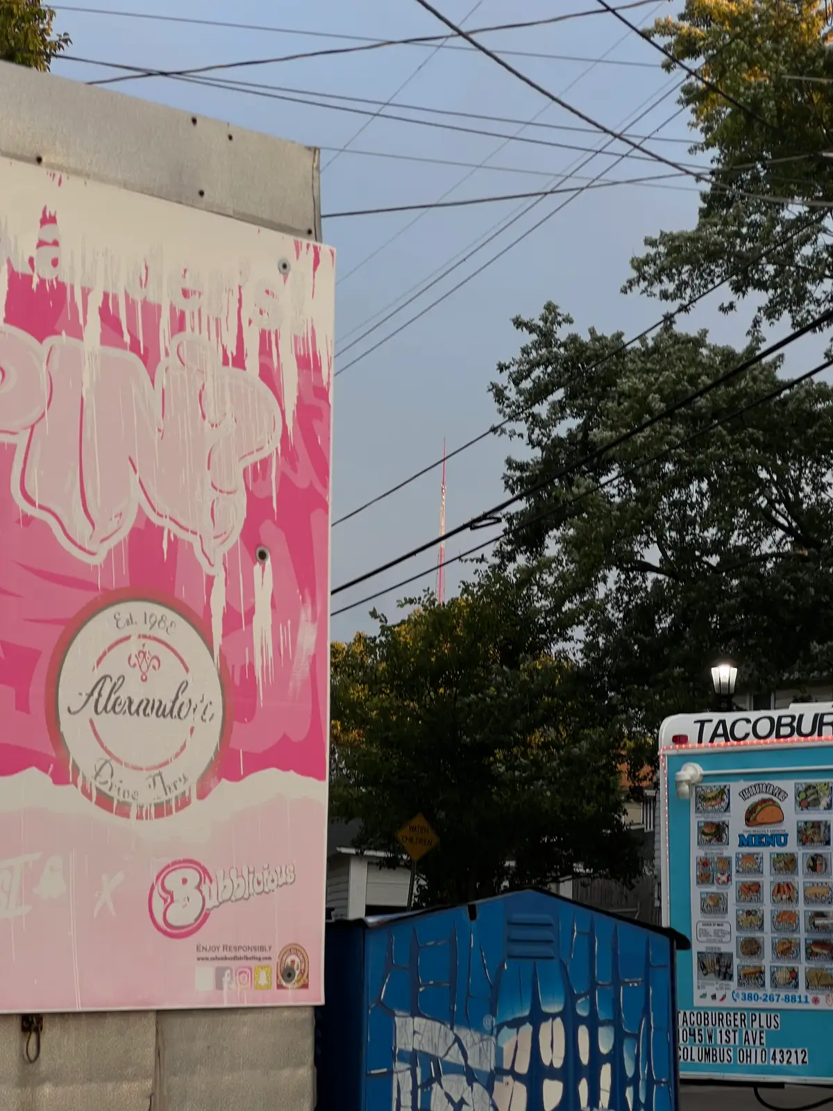 Street art brightens a cloudy city day. Still Frame